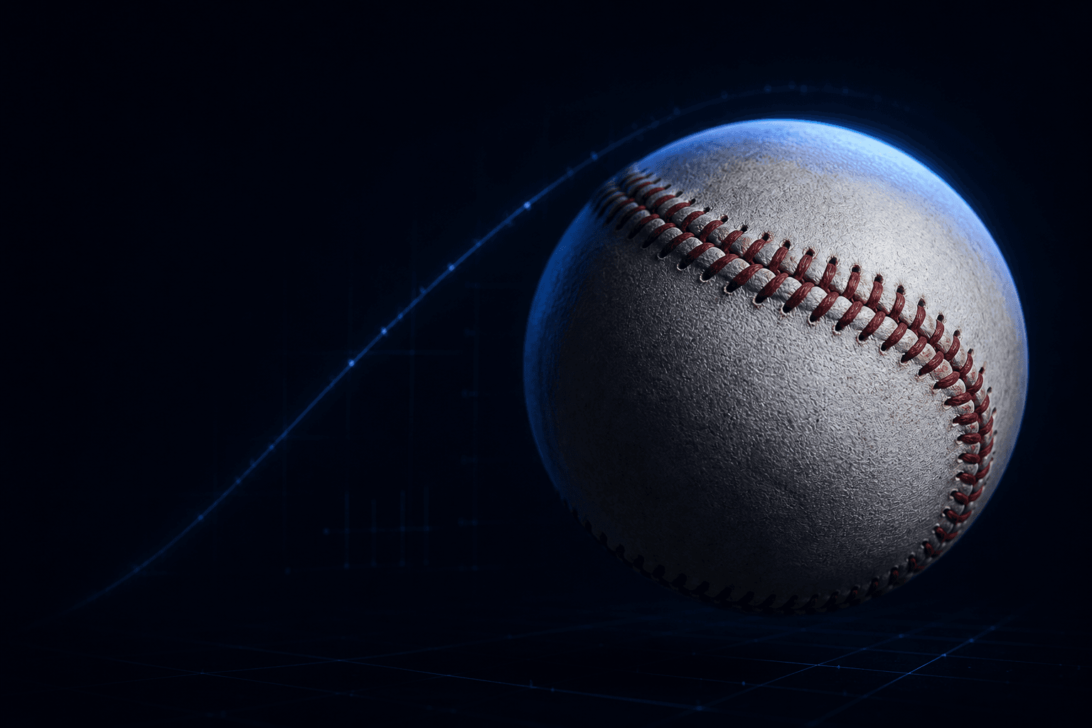 ナイターの闇に浮かぶ野球ボール。縫い目に光が当たり、打球の軌道を思わせる光の線が伸びる