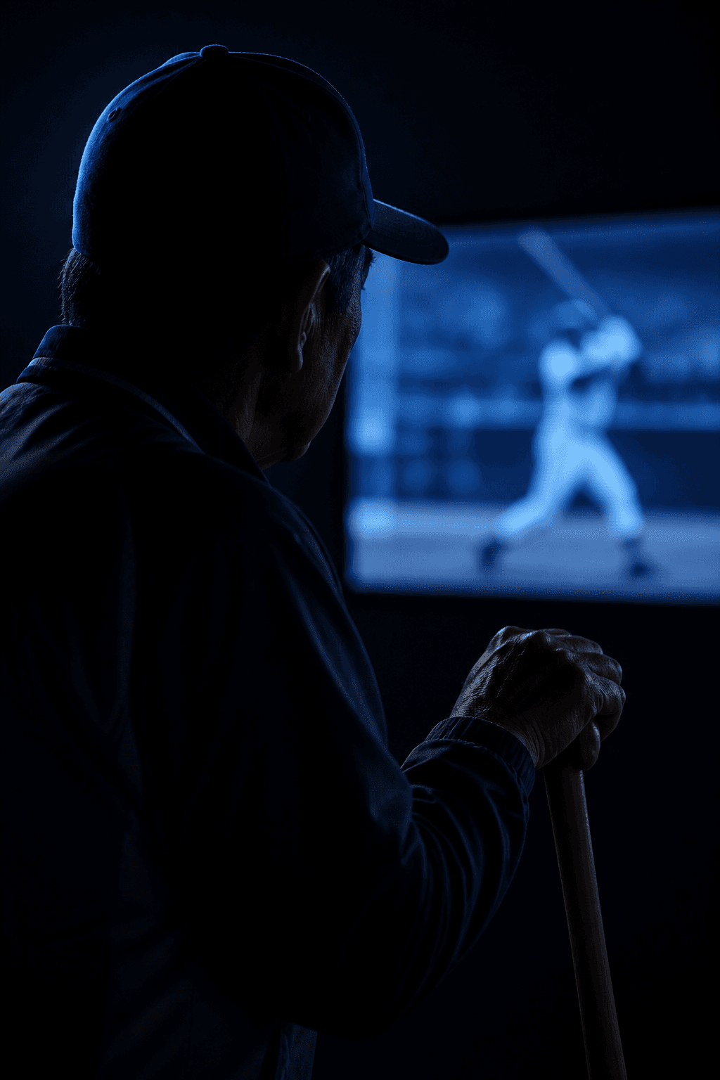 ノックバットに手を置き、スイング解析のモニターを見つめるヘッドコーチの後ろ姿