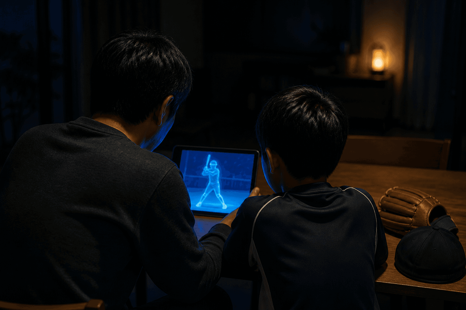 夜のリビングで、保護者と小学生の選手がタブレットに映したスイング解析を並んで見ている様子