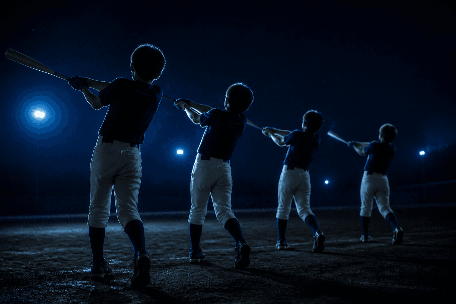 ナイター照明の下、横一列に並んで同じタイミングで素振りをする小中学生の選手たち
